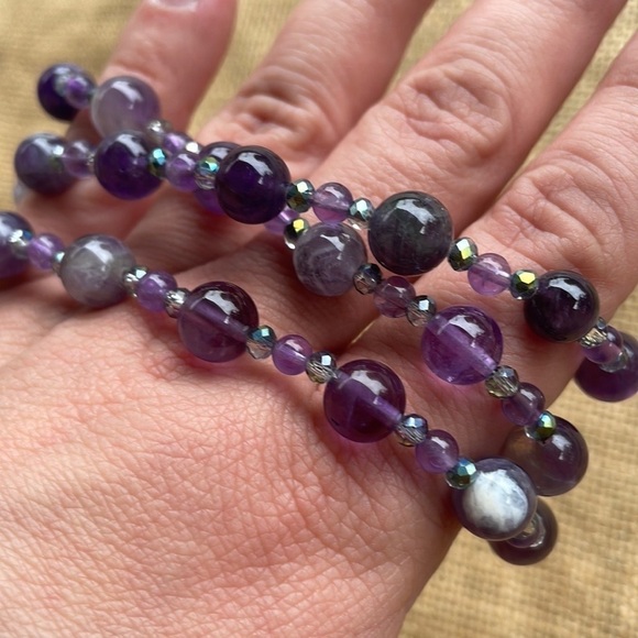 Purple Natural Striped Agate Necklace & Crystal spacers 8mm New Handmade - Picture 5 of 6